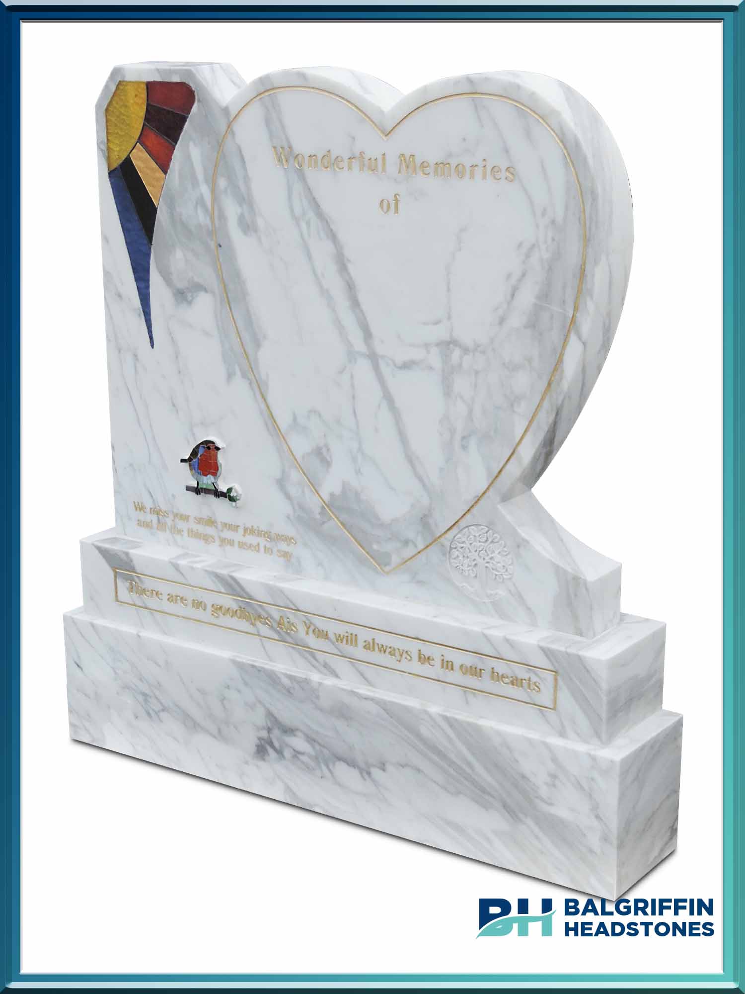 Carrara white Heart with glass design Balgriffin Headstones